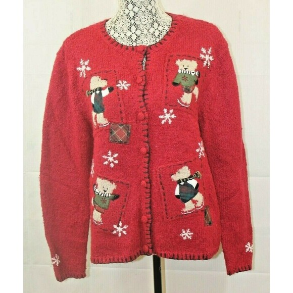 Christmas Cardigan Croft & Barrow Red Holiday Sweater Button Front Bears Size M - Picture 2 of 6